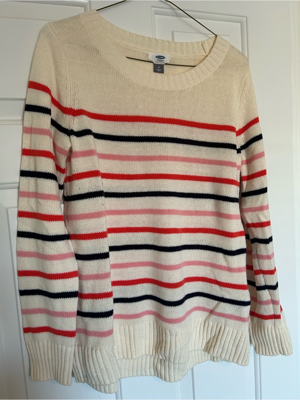 Old Navy Cream Striped Crewneck Sweater with Red, Navy & Pink Stripes